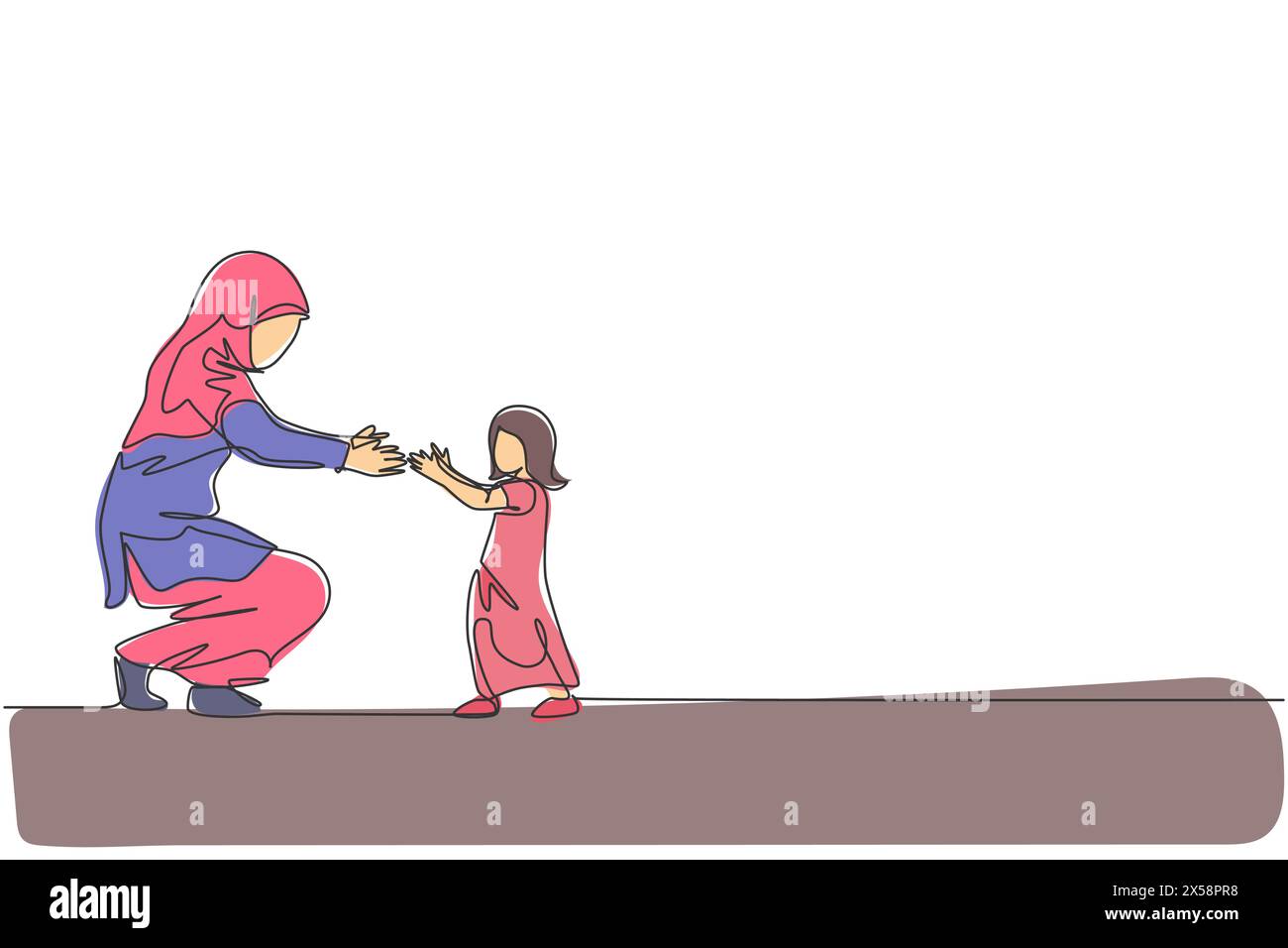 Un disegno continuo di una giovane figlia islamica impara a camminare mentre la mamma è pronta a prendere. Felice concetto di famiglia araba musulmana. D Illustrazione Vettoriale