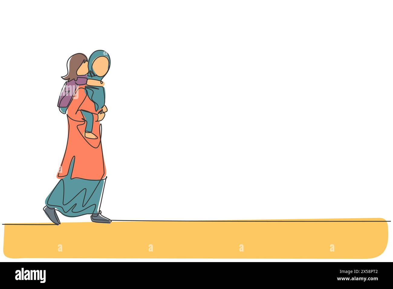 Un disegno continuo di una giovane mamma araba che porta la figlia sulla schiena al parco, il piggyback. Felice concetto di famiglia musulmana di genitorialità islamica. Dyna Illustrazione Vettoriale
