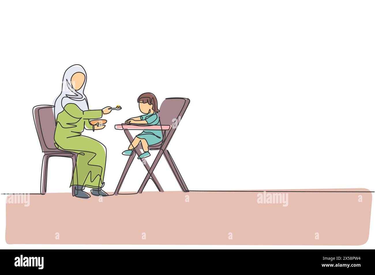 Un disegno continuo di una giovane mamma islamica che nutre il suo cibo salutare sul tavolo da pranzo del bambino. Felice concetto di famiglia araba musulmana. Illustrazione Vettoriale