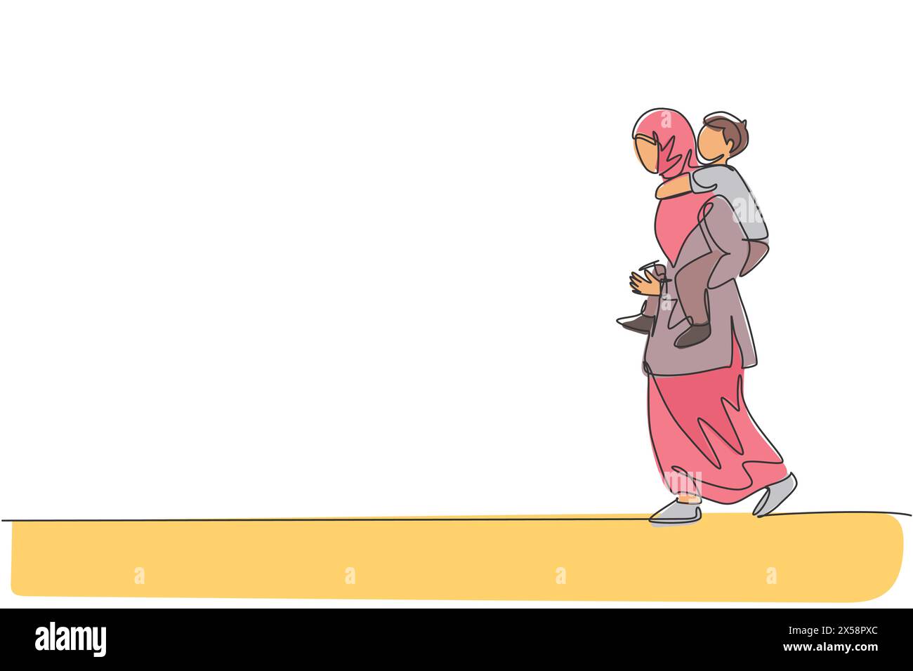 Un disegno su una sola riga della giovane madre araba che parla con suo figlio mentre continua l'illustrazione vettoriale del piggyback. Buona famiglia musulmana islamica Illustrazione Vettoriale