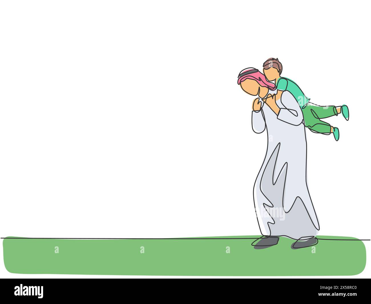 Un disegno continuo del giovane padre arabo che gioca con il figlio e lo tiene alle spalle. Felice concetto di famiglia musulmana di genitorialità islamica. Dinam Illustrazione Vettoriale