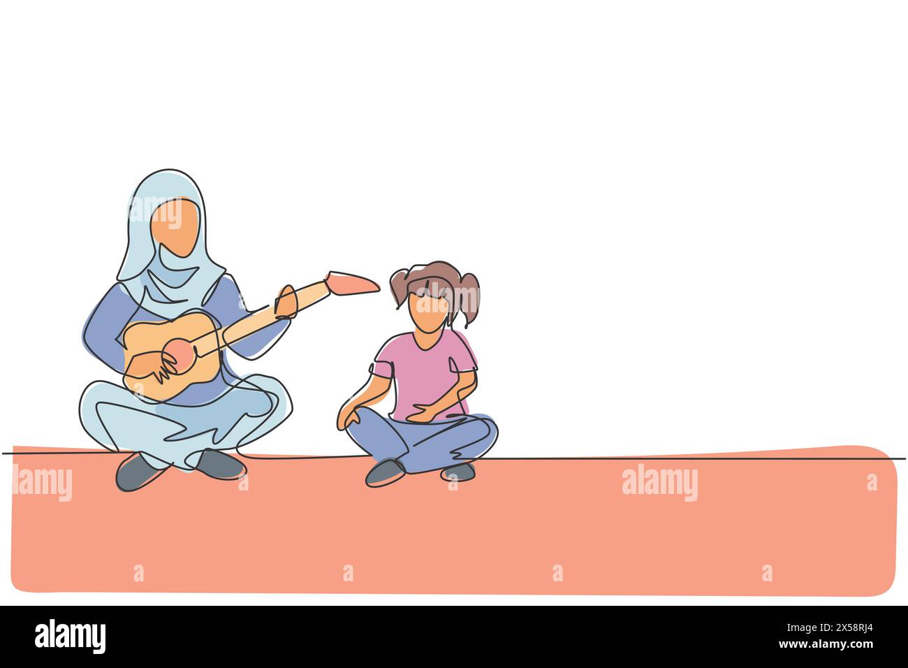 Un disegno continuo della giovane mamma araba insegna alla figlia che suona la chitarra e canta a casa. Felice concetto di famiglia musulmana di genitorialità islamica. DIN Illustrazione Vettoriale