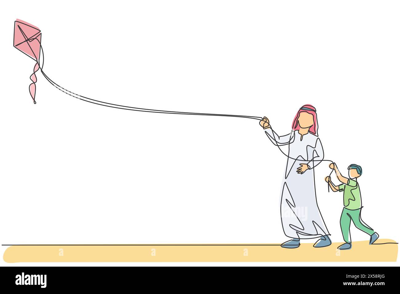 Un disegno continuo di giovane padre arabo e suo figlio che giocano insieme all'aquilone nel parco pubblico. Felice concetto di famiglia musulmana di genitorialità islamica. D Illustrazione Vettoriale