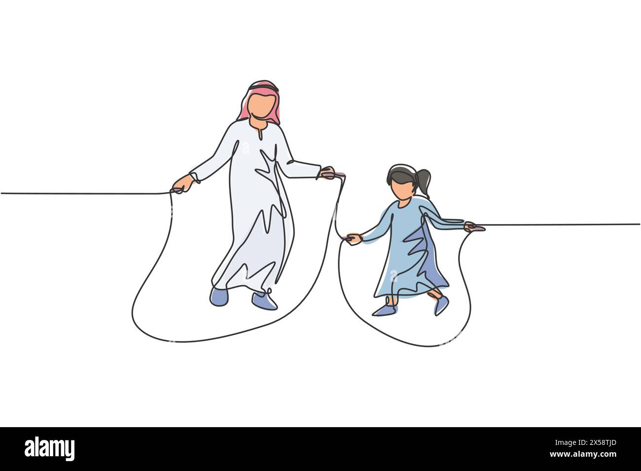 Un disegno continuo di giovani papà e figlia islamici giocano a saltare la corda e saltare al parco. Felice concetto di famiglia araba musulmana. D Illustrazione Vettoriale