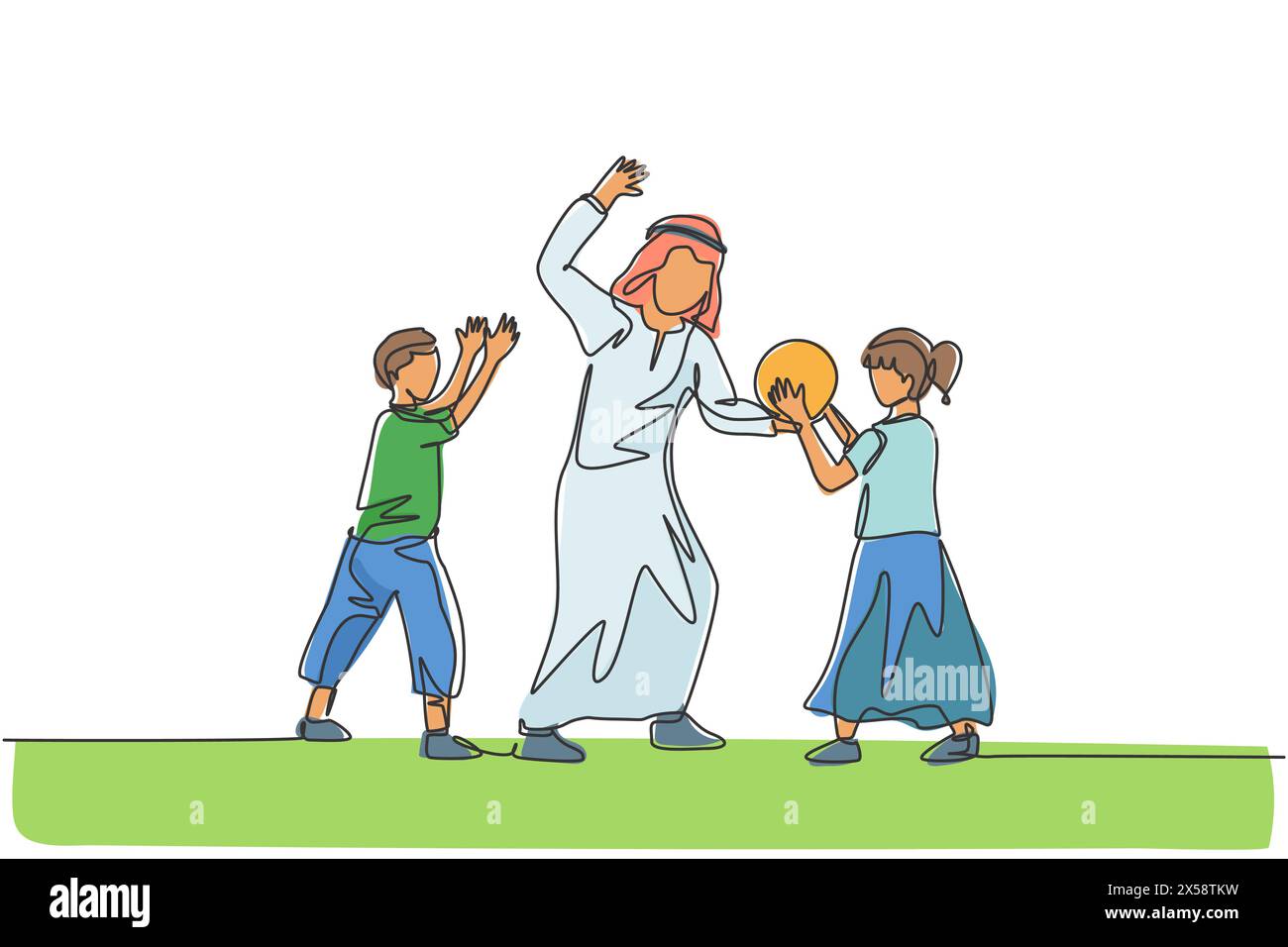 Un disegno continuo di un giovane padre islamico che gioca a palla con figlio e figlia sul campo all'aperto. Felice concetto di famiglia araba musulmana. D Illustrazione Vettoriale