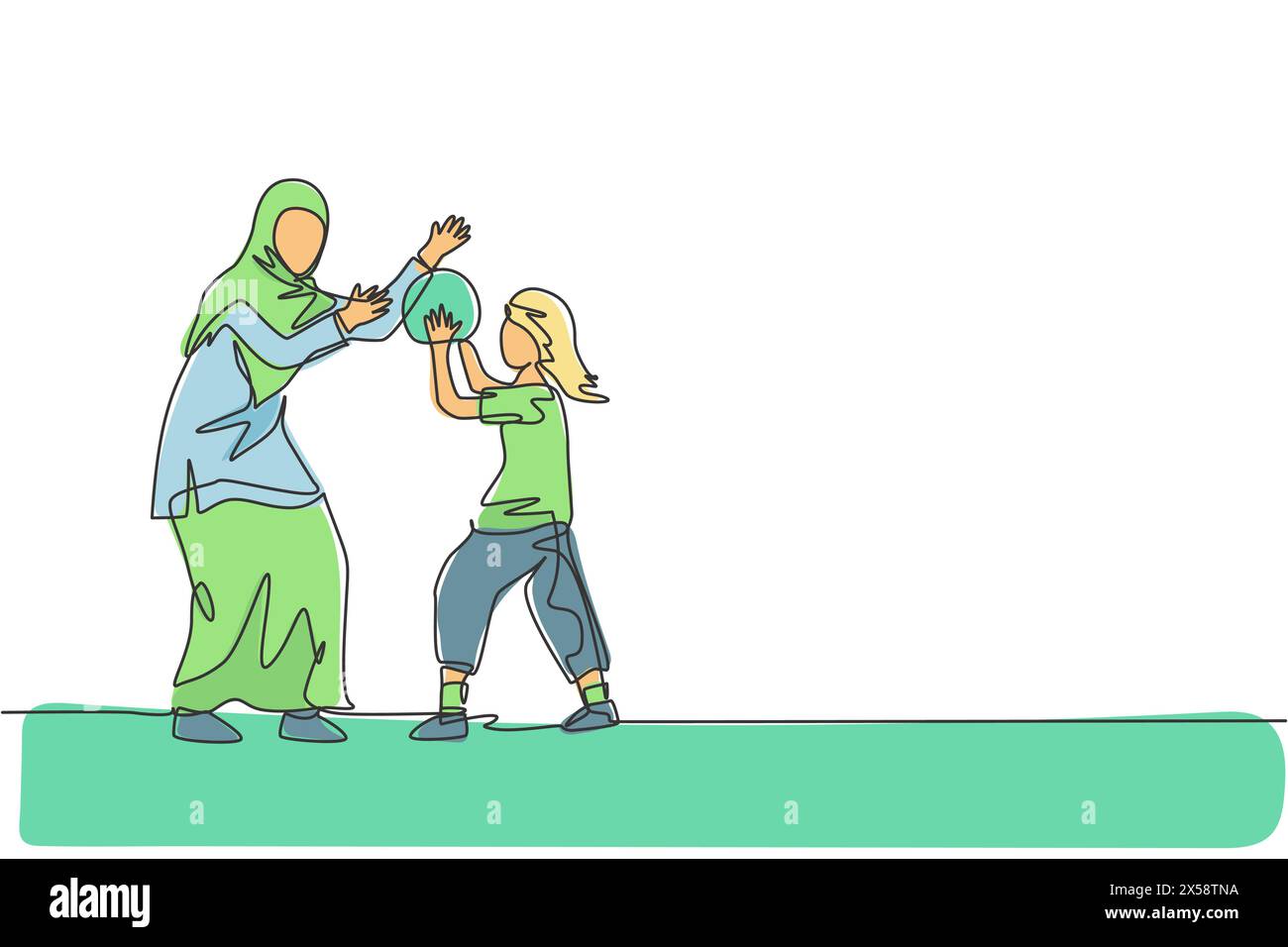 Un disegno continuo della giovane mamma islamica che gioca a basket con la figlia all'Outfield Park. Felice concetto di famiglia araba musulmana. DIN Illustrazione Vettoriale
