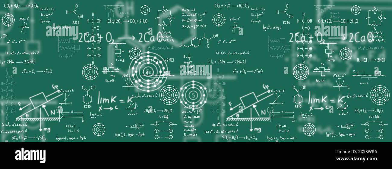 Equazioni di calcolo, algebra, chimica organica, reazioni chimiche, elementi chimici, fisica, movimento rettilineo, statica, elettromagnetismo, frictio Illustrazione Vettoriale