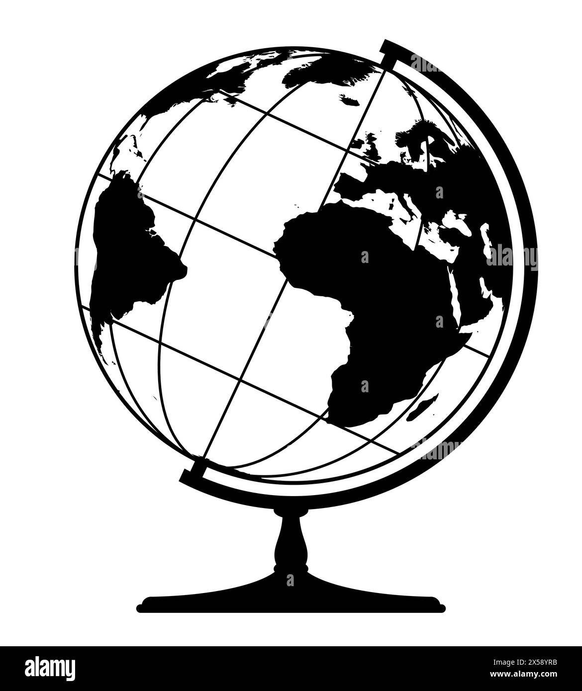 Modello sferico del globo terrestre - mappa del mondo con i continenti sul pianeta Terra, illustrazione vettoriale in bianco e nero Illustrazione Vettoriale