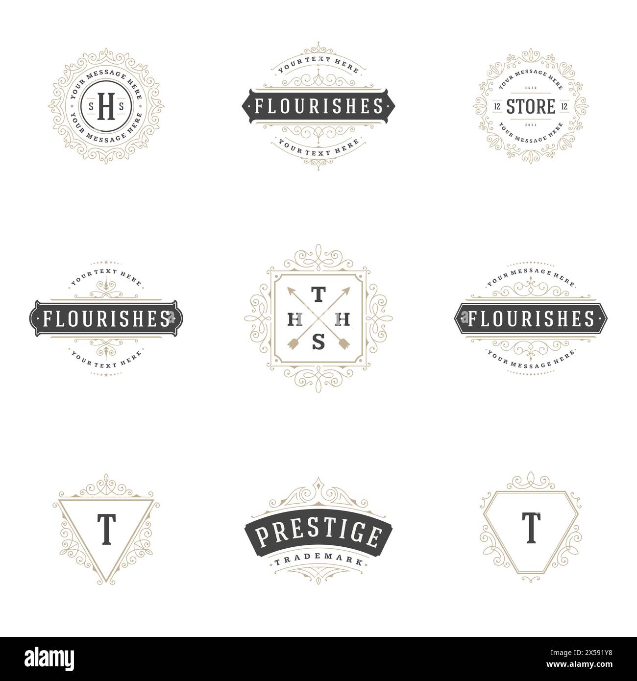 Retro Vintage Insignias o logotipi set. Vettore di elementi di design, segni aziendali, loghi, identità, Etichette, scudetti e oggetti. Illustrazione Vettoriale