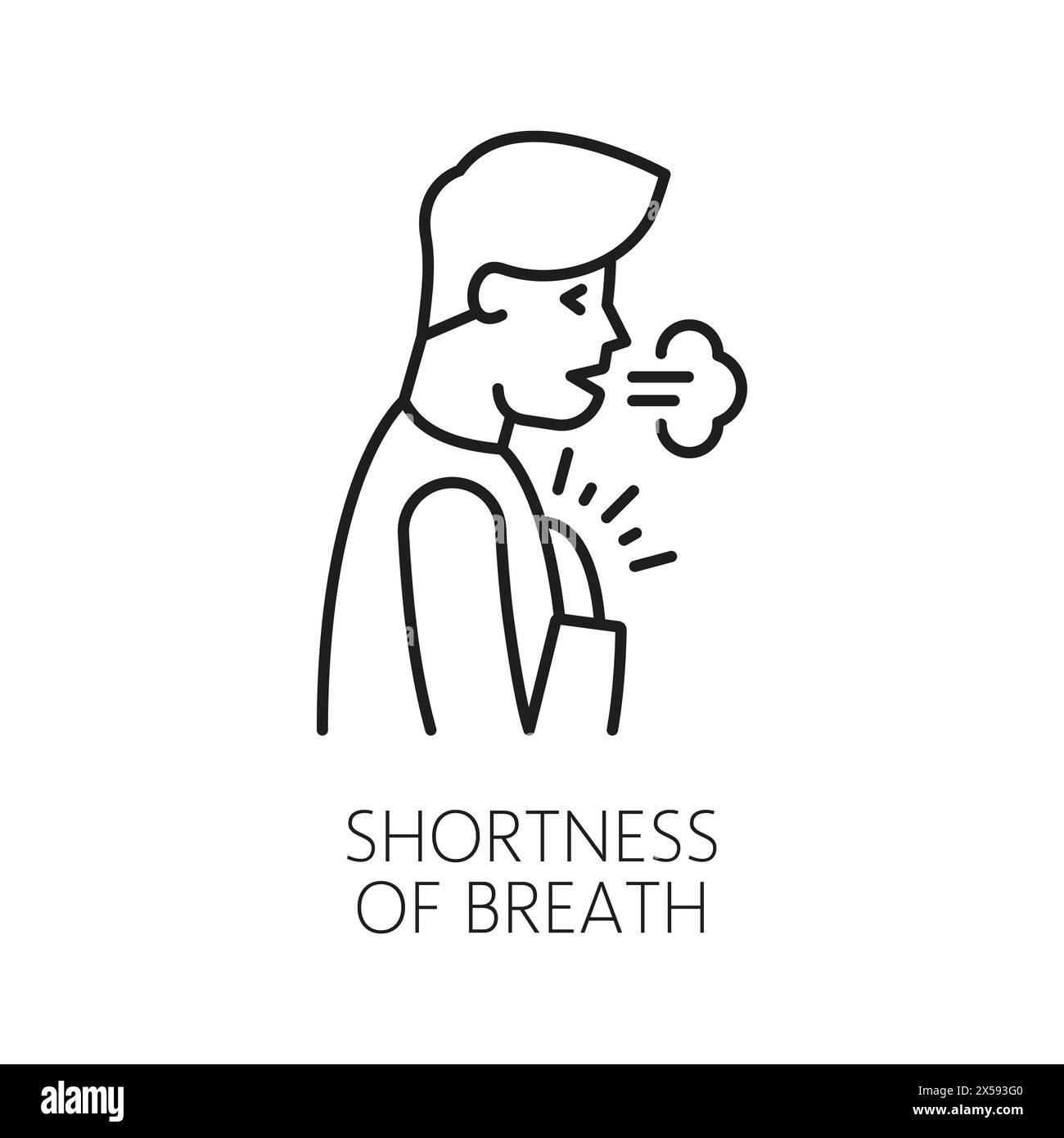 Mancanza di respiro anemia sintomo icona linea sintomi, malattia fisica vettoriale o ematologia. Uomo con difficoltà respiratorie che preme le mani contro il segno del contorno toracico, sintomo respiratorio di anemia Illustrazione Vettoriale