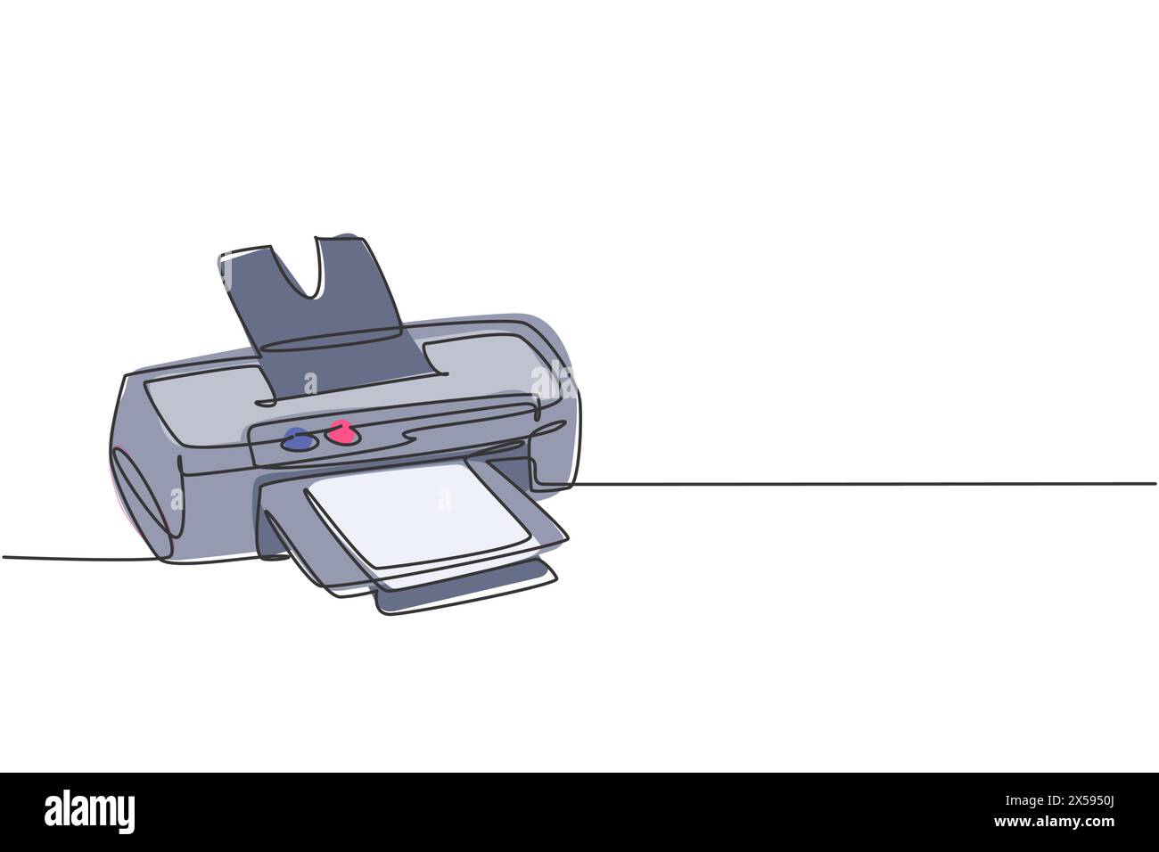 Un unico disegno della stampante digitale per le esigenze di stampa aziendale. Elettricità concetto di piccoli strumenti per ufficio domestico. Linea continua dinamica g Illustrazione Vettoriale