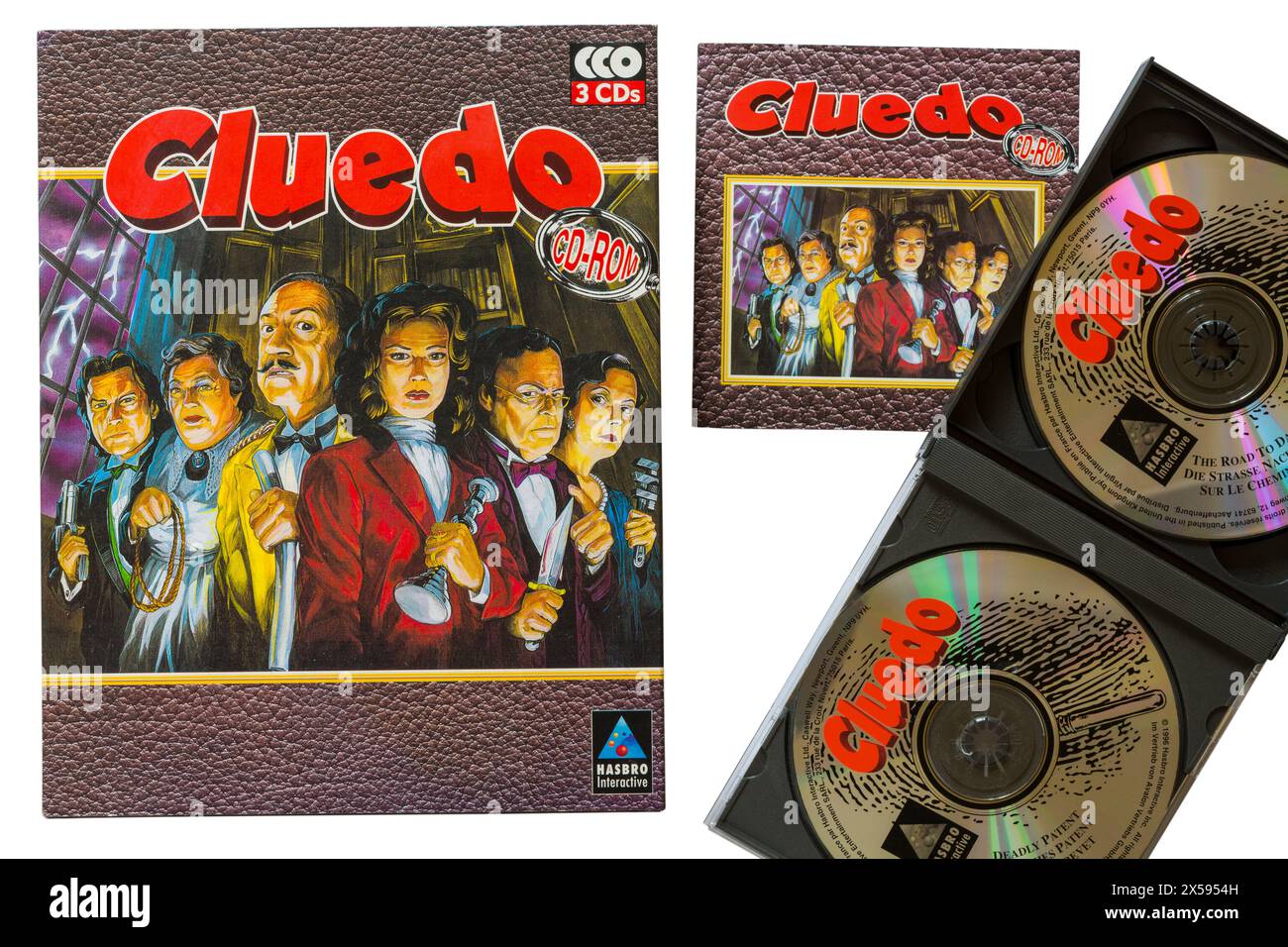 Cluedo il classico cd-rom per computer detective con i dischi rimossi dal cofanetto su sfondo bianco Foto Stock