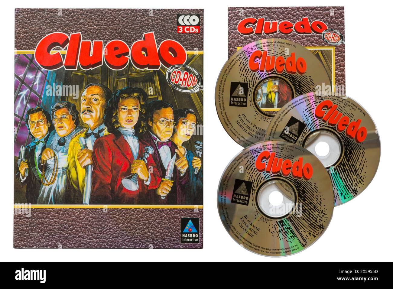 Cluedo il classico cd-rom per computer detective con dischi rimossi dalla scatola isolati su sfondo bianco Foto Stock