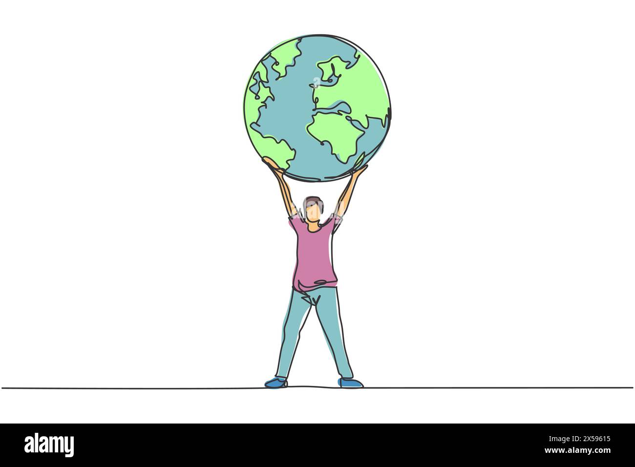 Disegno continuo su una linea di uomo che tiene la terra del globo disegno minimalista vettoriale su sfondo bianco. Linea semplice isolata grafica moderna Illustrazione Vettoriale