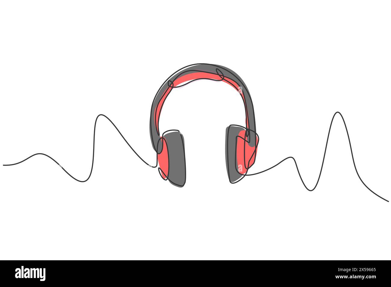 Linea singola continua delle cuffie con filo a zigzag. Strumenti di registrazione elettronici concetto di gadget per cuffie. Design grafico moderno a una linea Illustrazione Vettoriale