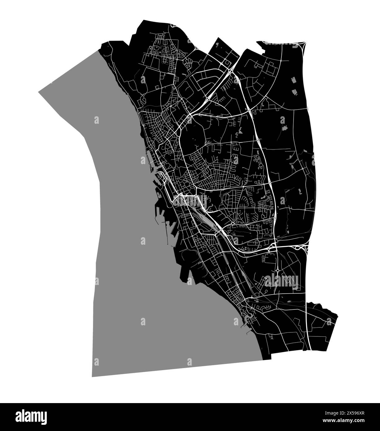 Mappa di Helsingborg, Svezia. Mappa vettoriale dettagliata della città, area metropolitana con confine. Mappa stradale in bianco e nero con strade e acqua. Illustrazione Vettoriale