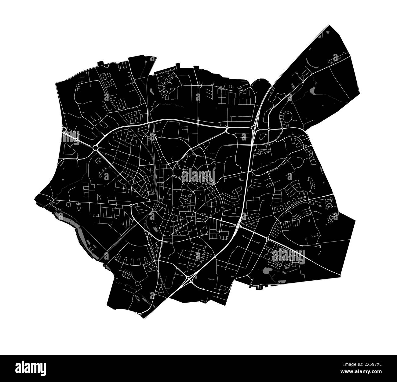 Mappa di Lund, Svezia. Mappa vettoriale dettagliata della città, area metropolitana con confine. Mappa stradale in bianco e nero con strade e acqua. Illustrazione Vettoriale