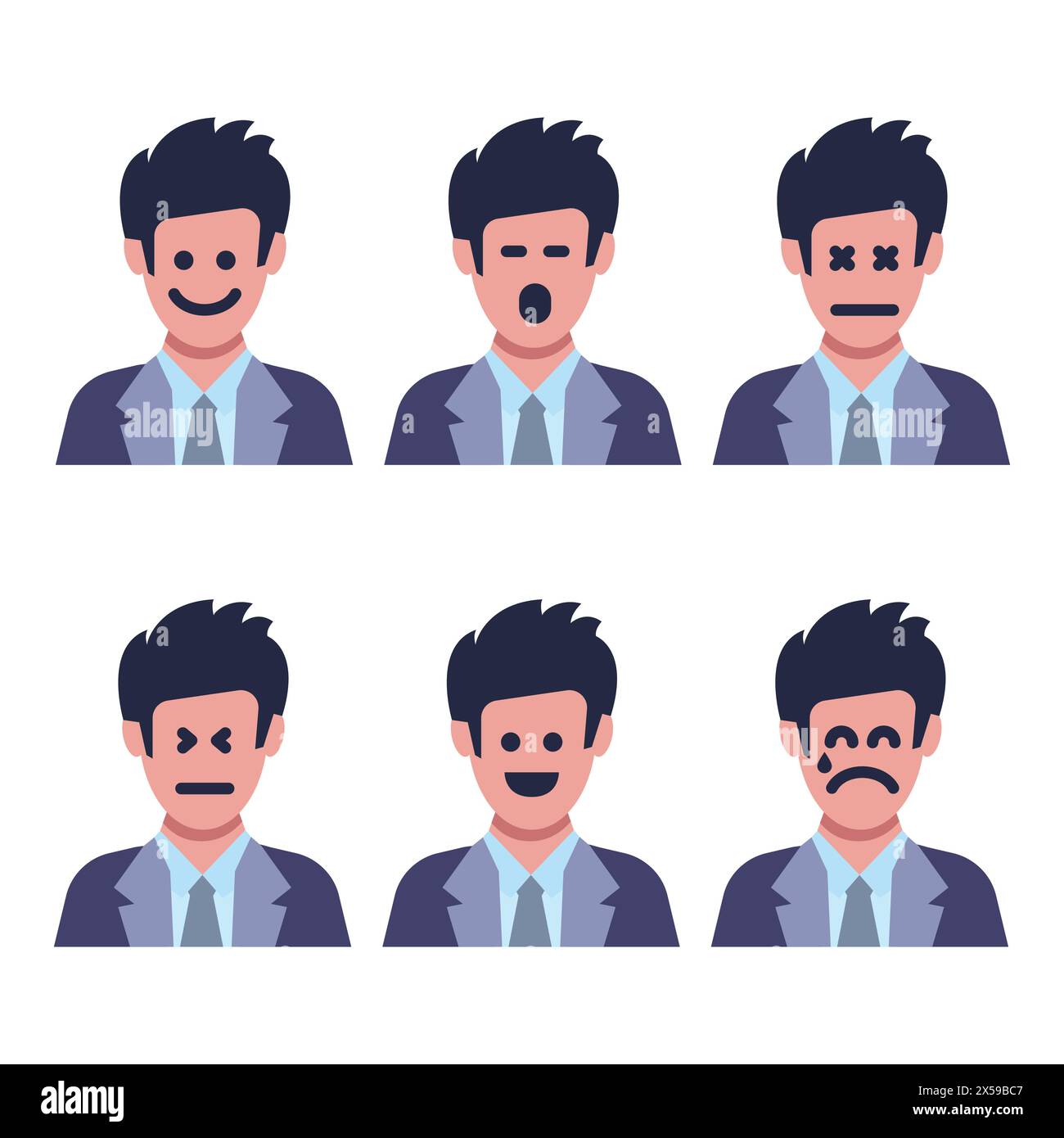 Un gruppo di sei uomini con diverse emozioni facciali. Volto umano con carattere emoji. Illustrazione vettoriale Illustrazione Vettoriale