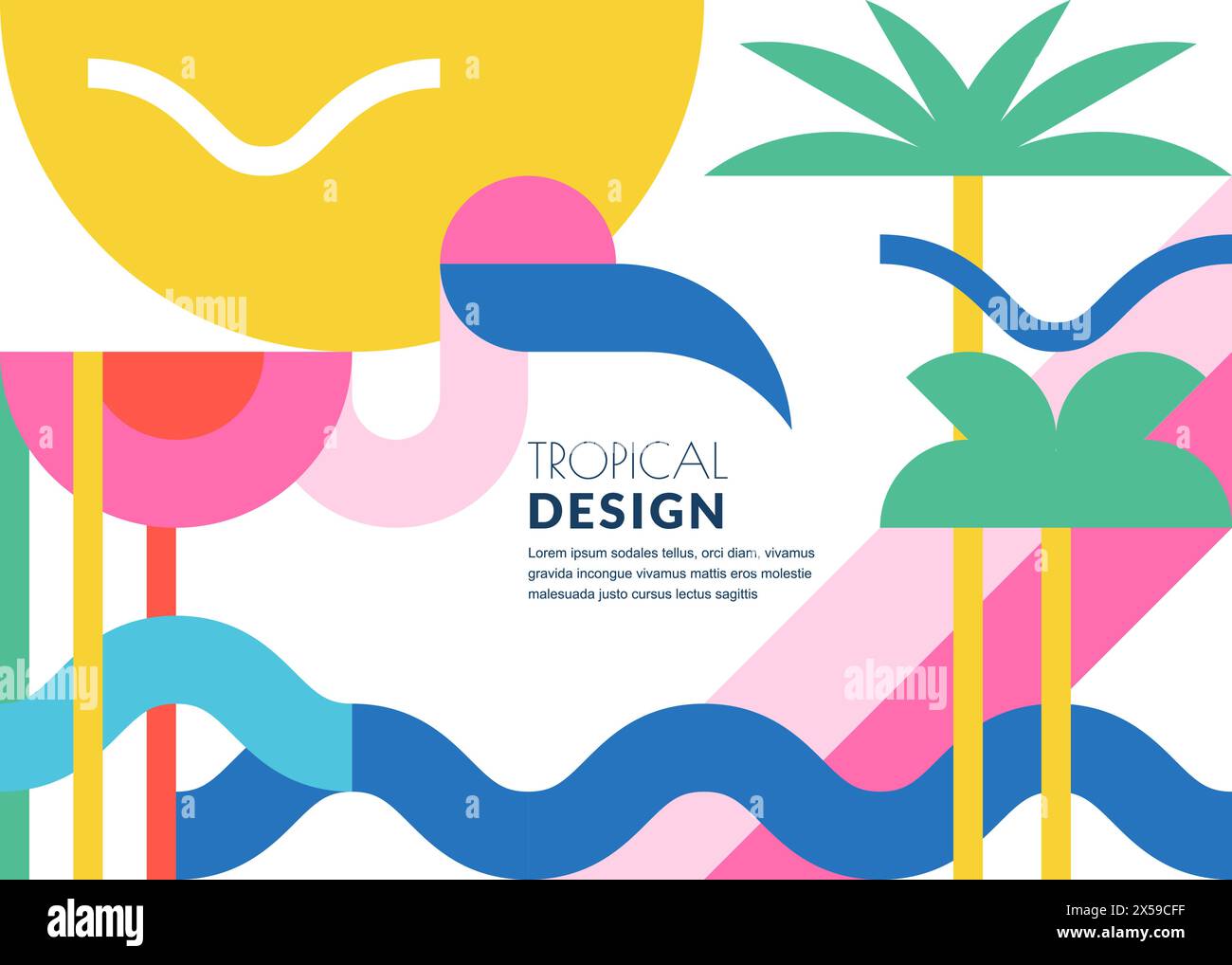 Sfondo geometrico astratto a blocchi di colore tropicali estivi. Simboli degli appartamenti per le vacanze al mare. Stampa vettoriale, striscioni, poster, design di biglietti d'auguri con palmo Illustrazione Vettoriale