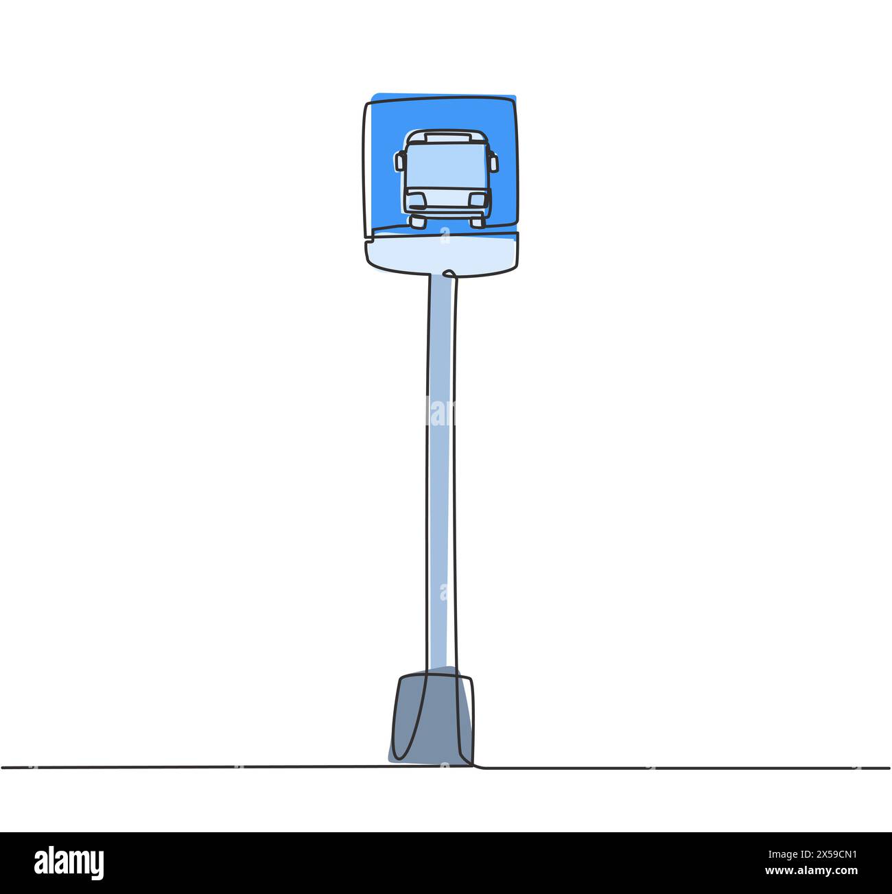 Disegno di una sola linea di una fermata dell'autobus con un semplice cartello situato sul lato di una strada urbana dove i passeggeri salgono e scendono. Moderno e continuo l Illustrazione Vettoriale