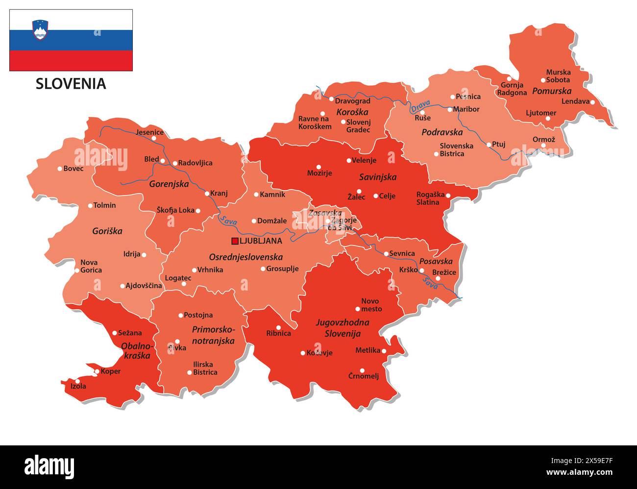 Mappa delle dodici regioni statistiche della Slovenia Foto Stock