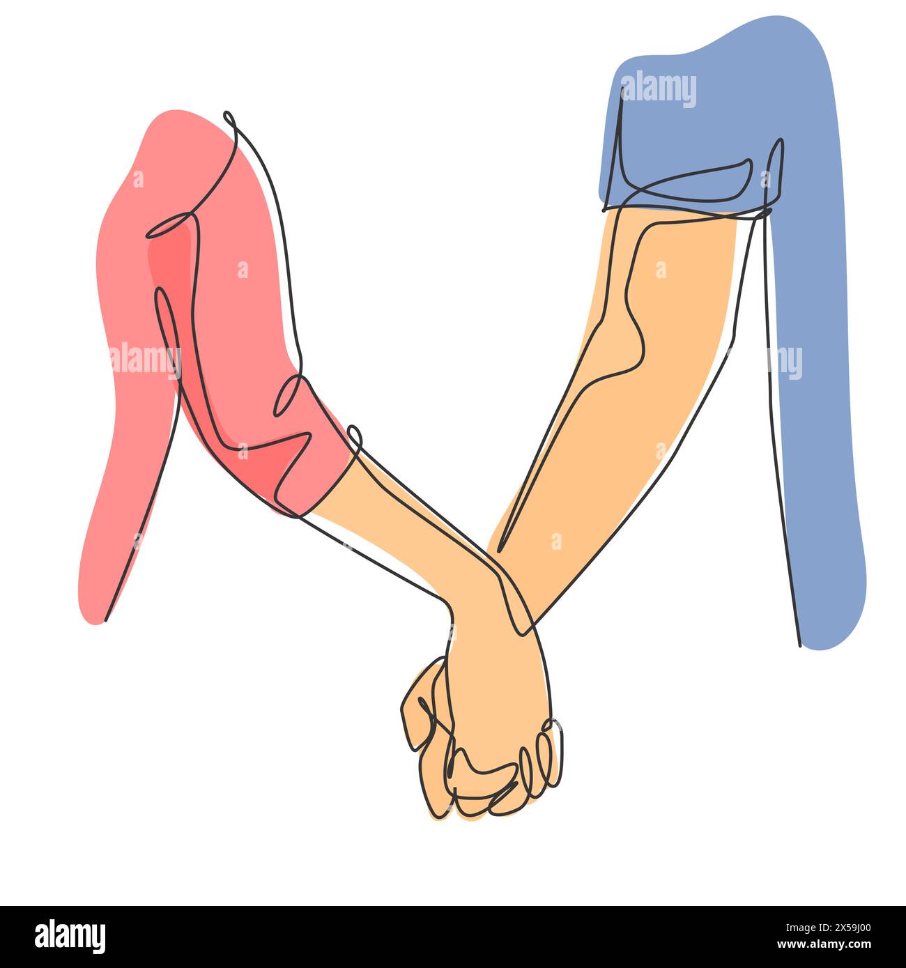 Un disegno di linea di due mani adulte che si tengono insieme per esprimere l'amore e la cura. Romantico concetto di giovane coppia amante. Disegno di linea continuo de Illustrazione Vettoriale