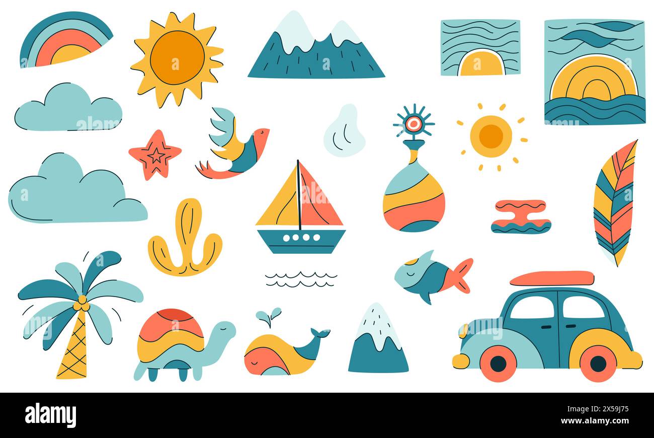 Un set di elementi colorati e simboli per i viaggi estivi e le vacanze. Tramonto, animali, natura. Semplice illustrazione giocosa disegnata a mano isolata sul bianco Illustrazione Vettoriale