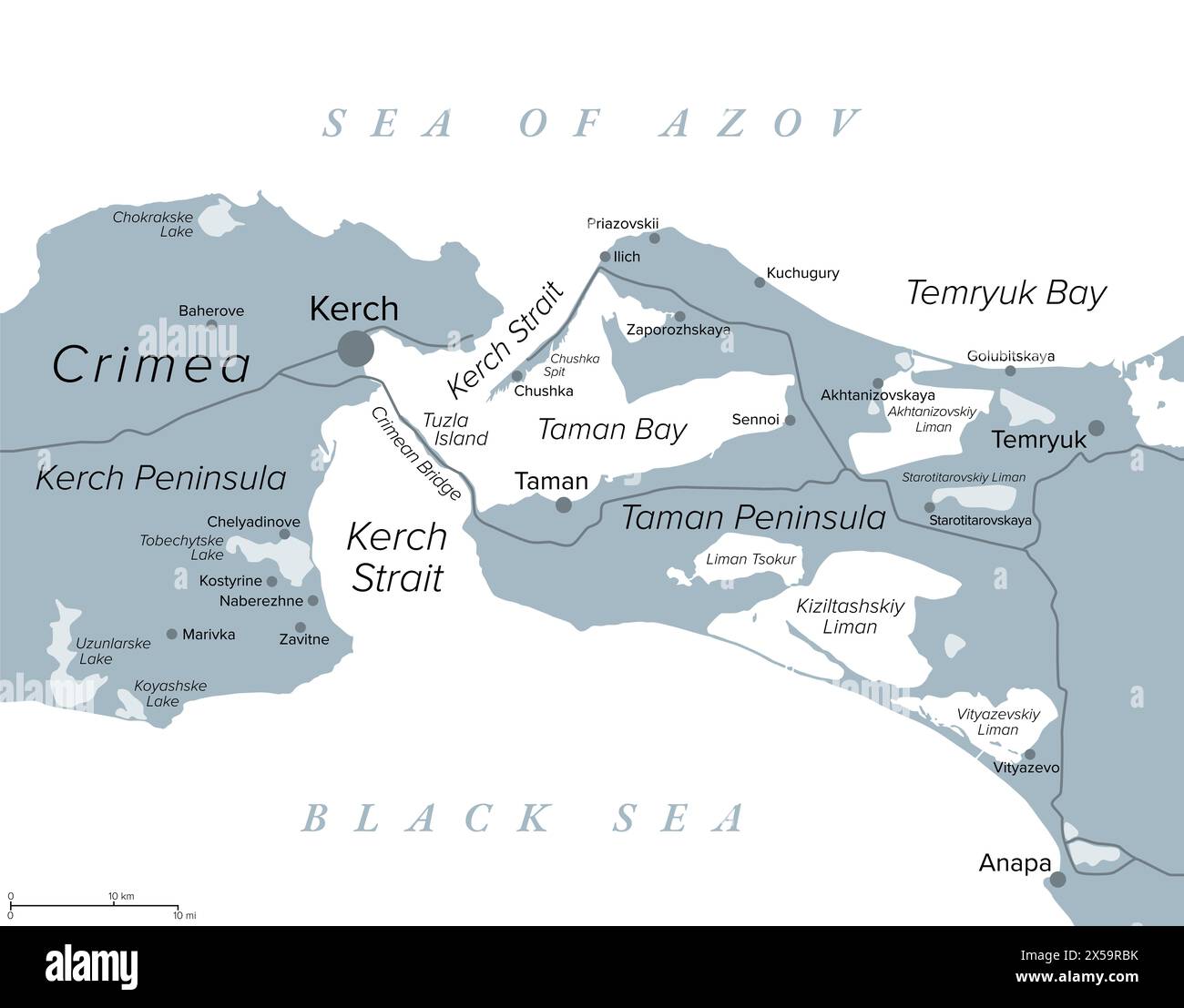 Stretto di Kerch nell'Europa orientale, mappa politica grigia. Stretto canale che collega il Mar Nero e il Mar d'Azov. Foto Stock
