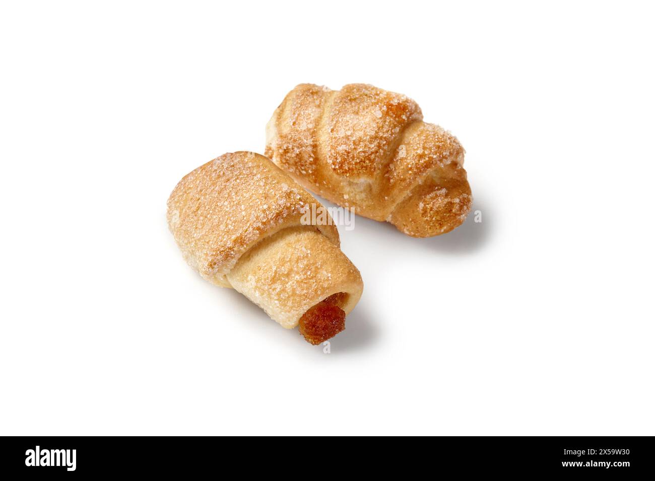 Due mini deviatoi di pasta sfoglia spolverata con zucchero e confiture di mele Foto Stock