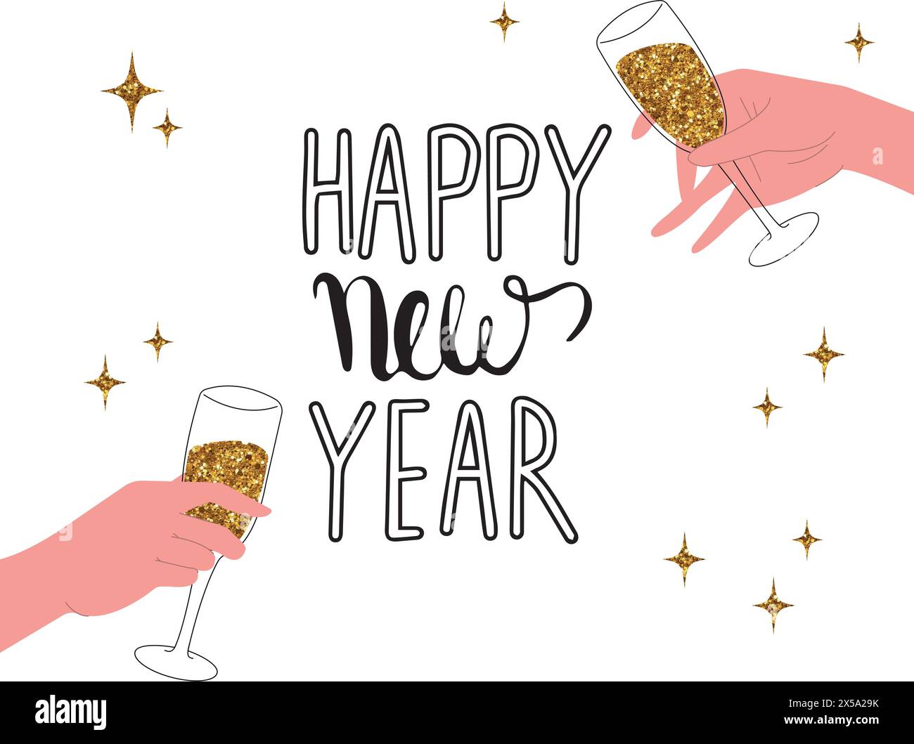 Buon anno, carta vettoriale. Bicchiere con champagne in mano. Felice festa di Capodanno con gli amici. Champagne, illustrazione vettoriale piatta. Celebrazione del successo Illustrazione Vettoriale