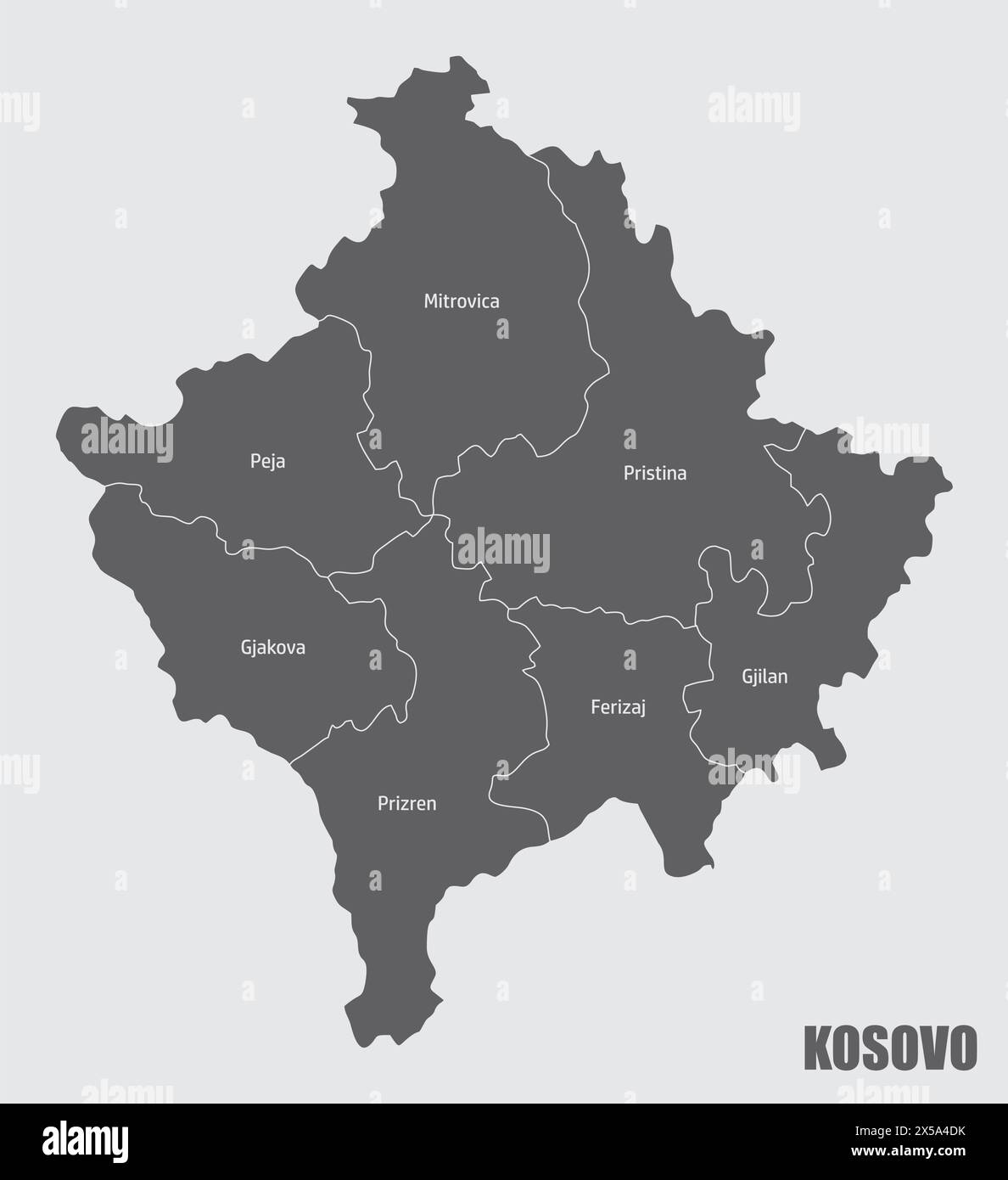 La mappa amministrativa del Kosovo con le etichette Illustrazione Vettoriale