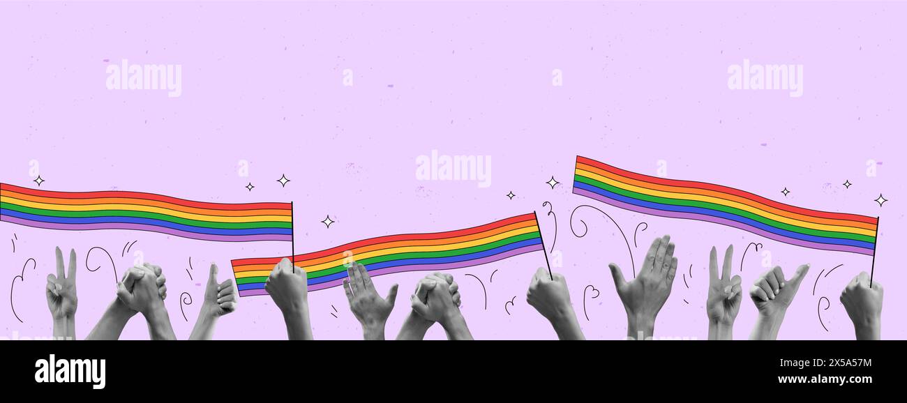 L'arcobaleno con cordoncino arcobaleno su sfondo rosa si fonde con un'ampia gamma di mani. Collage d'arte contemporanea. Spirito per l'accettazione delle persone LGBT Illustrazione Vettoriale