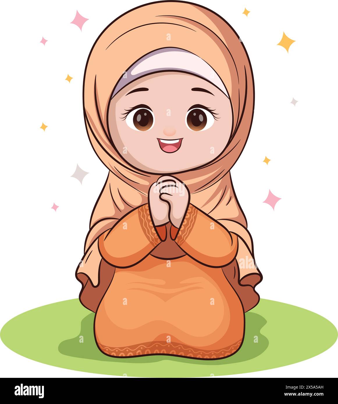 Ragazza musulmana, seduta e in preghiera, con indosso hijab alla moda musulmana. Adorazione nel mese del Ramadan Illustrazione Vettoriale