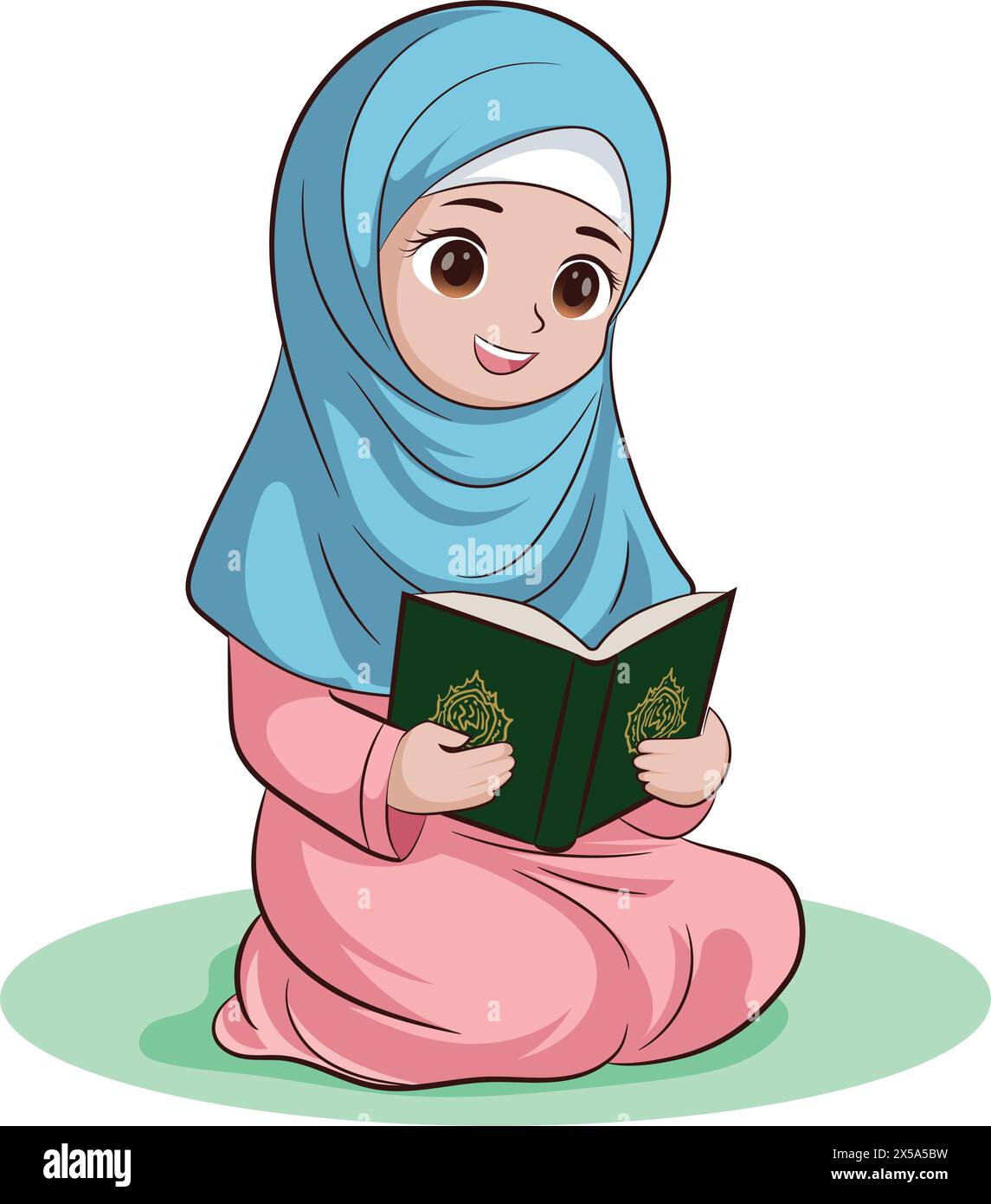 Ragazza musulmana che indossa abiti musulmani Hijab, recita, legge Corano nel mese del Ramadan Illustrazione Vettoriale