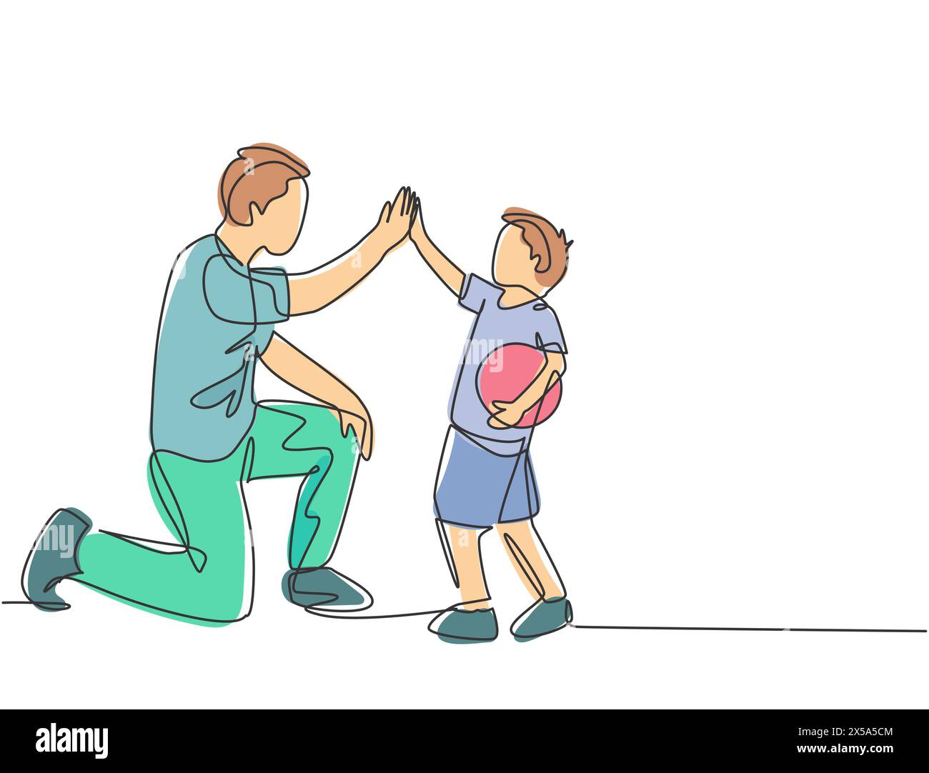 Un disegno di linea del giovane padre felice inchinare il suo corpo per dare alto cinque gesti al suo ragazzo e dare alto cinque gesto. Concetto di cura della famiglia parenting. Illustrazione Vettoriale
