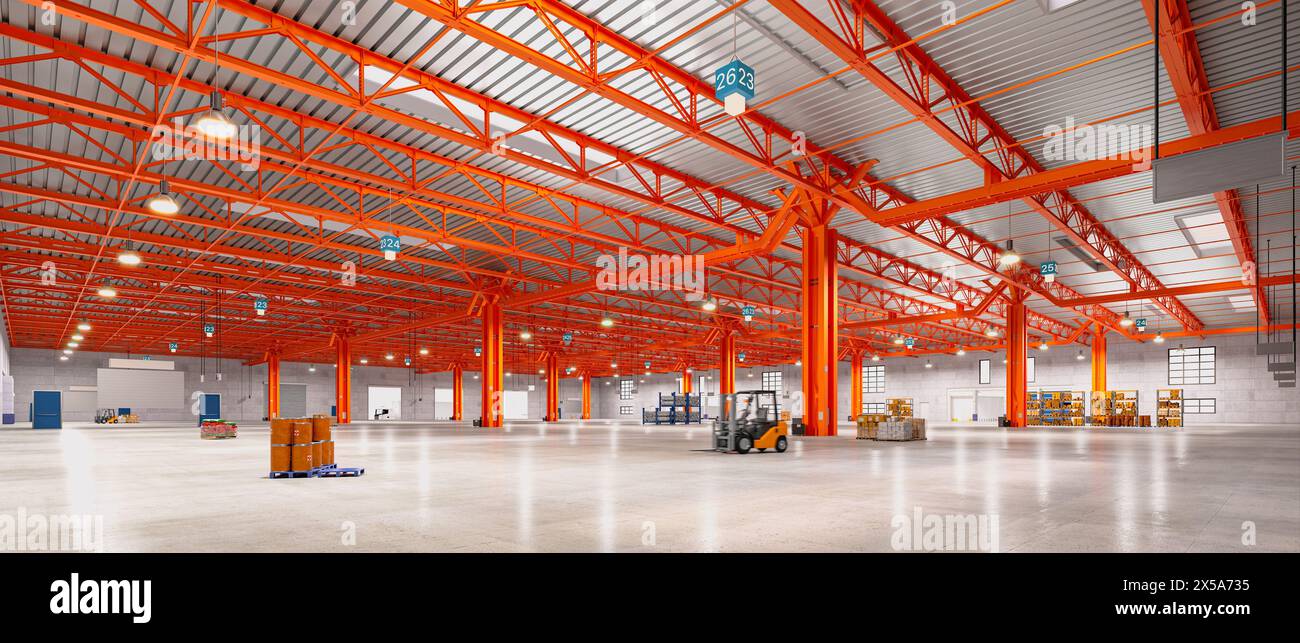 Moderno magazzino vuoto con struttura in acciaio arancione, rendering 3d. Foto Stock