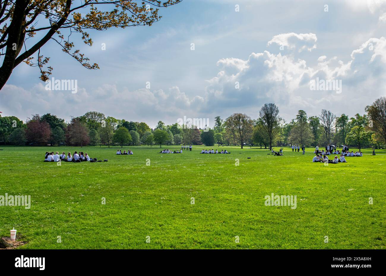 Harrogate, Regno Unito. 8 maggio 2024. Grandi gruppi di studenti celebrano il Leavers Day nel randagio nel centro della città, mentre il tempo diventa finalmente più caldo e soleggiato. Crediti fotografici: ernesto rogata/Alamy Live News Foto Stock