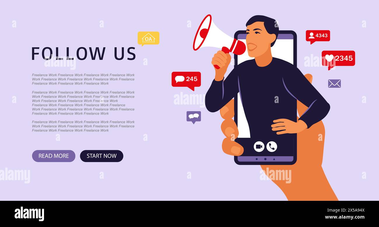 Mani che tengono lo smartphone con un uomo che urla con l'altoparlante. Influencer marketing, social media o promozione di rete. Pagina di destinazione. Vettore Illustrazione Vettoriale