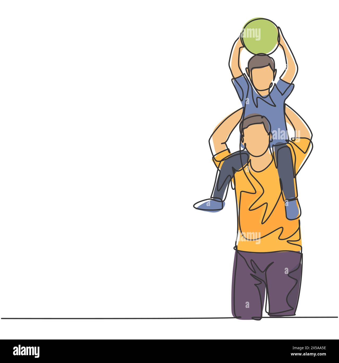 Un disegno di linea del giovane padre felice solleva il figlio mentre tiene una palla sulla spalla e gioca insieme. Concetto di famiglia parenting. Continuo Illustrazione Vettoriale