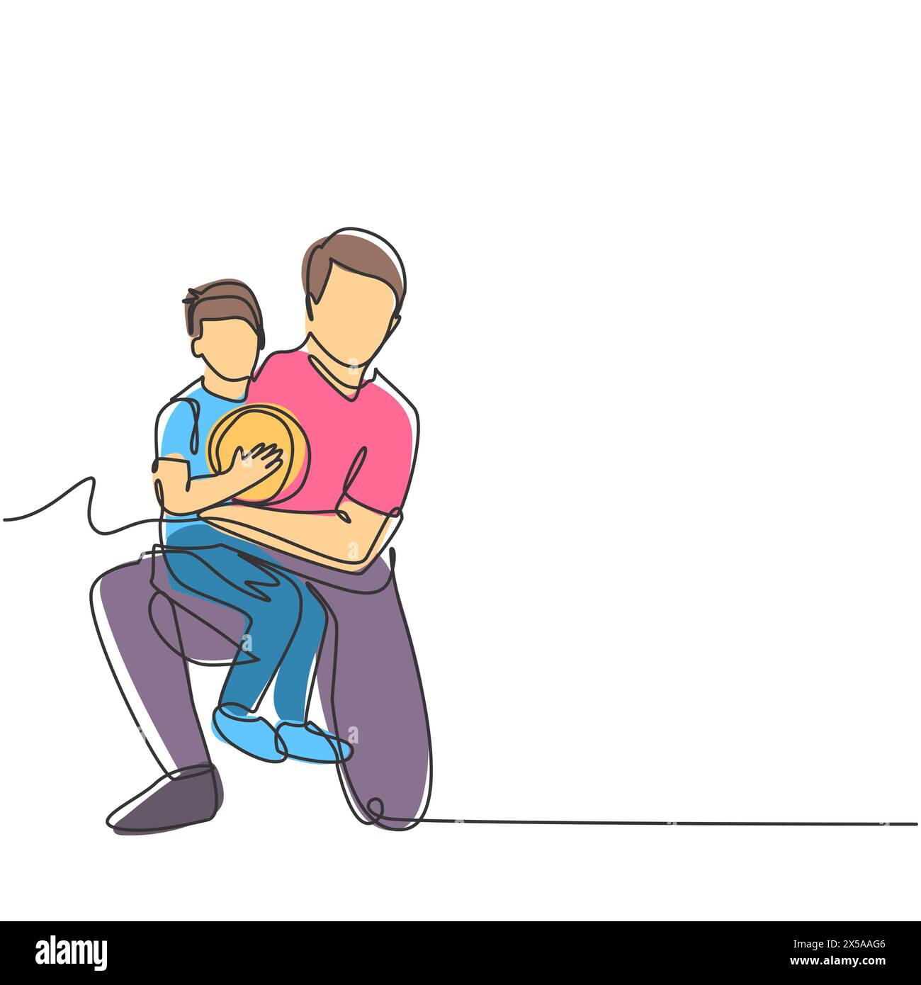 Disegno su una sola linea di un giovane padre felice che abbraccia suo figlio che ha portato una palla di basket sul campo da basket. Concetto di famiglia genitoriale. Continuou moderno Illustrazione Vettoriale