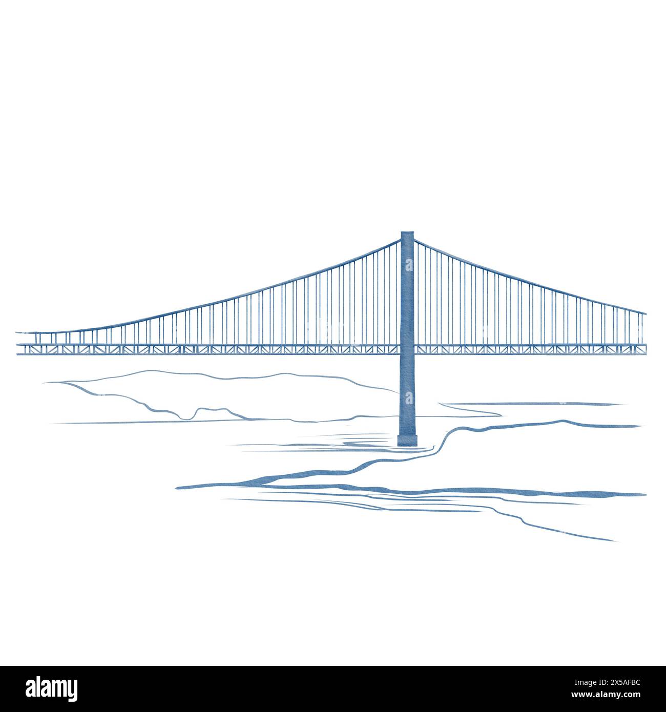 Ponte di aprile 25 a lisbona o ponte Golden Gate a san francisco con grafica monocromatica in blu e bianco. Grafica di linea. Paesaggio con una Foto Stock