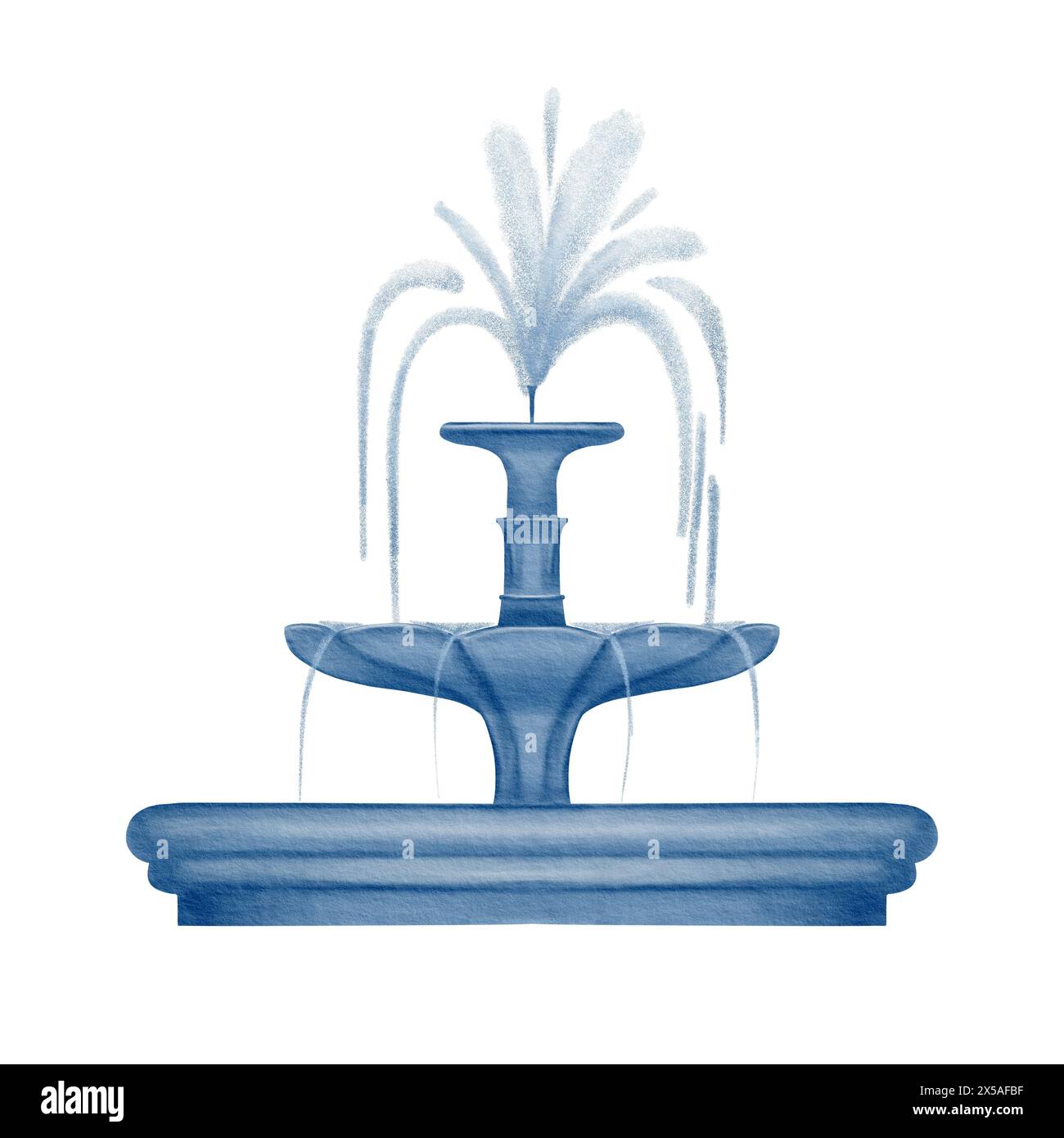 Fontana con acqua fluente in colore monocromatico blu e bianco. Clipart.vista laterale. Tecnica acquerello. Stilizzazione dei cartoni animati per adesivi e collage Foto Stock