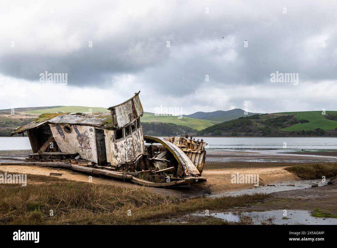 S.S. Point Reyes, un peschereccio in rovina bloccato nella sabbia lungo la baia di Tomales nel mare nazionale di Point Reyes nella città di Inverness, nord Foto Stock
