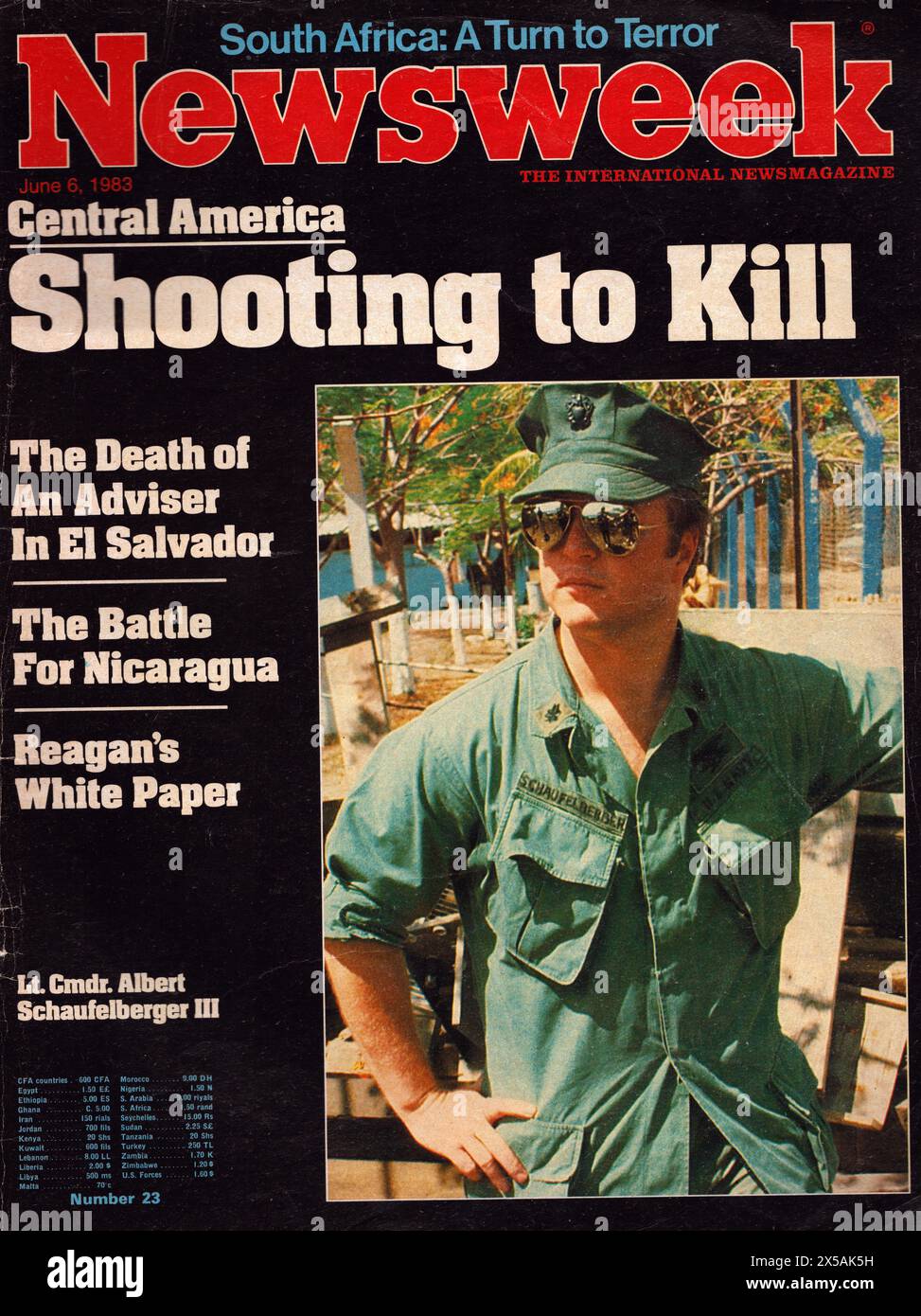 La copertina della rivista Newsweek, 6 giugno 1983, con una foto di un soldato dell'esercito americano Central America Shooting to Kill Foto Stock