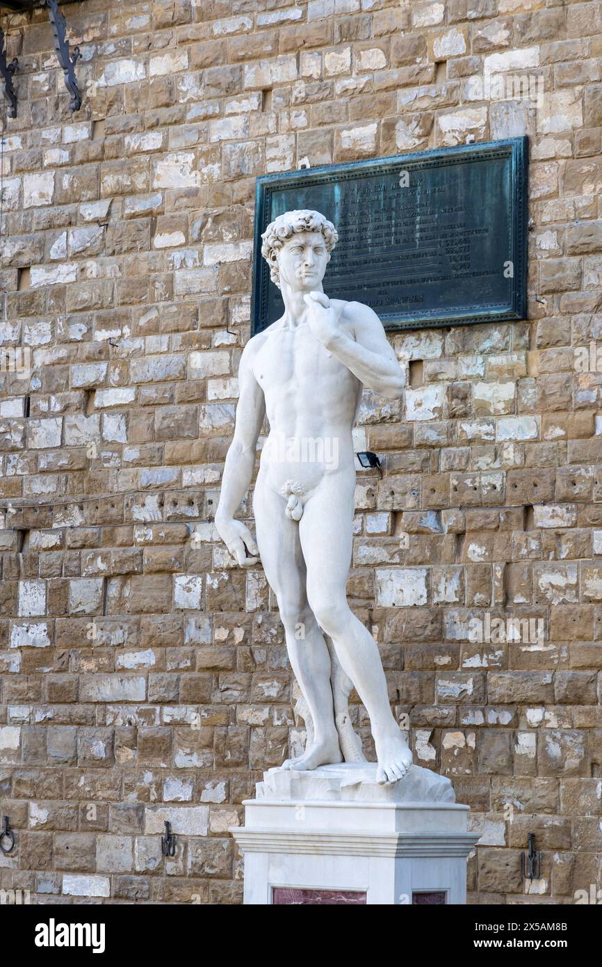 Firenze, Italia - 09 settembre 2023: Replica della statua del David fuori palazzo vecchio. Foto Stock