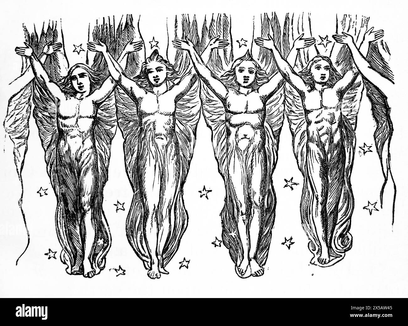 Incisione in legno "tutti i figli di Dio gridarono per la gioia" (Giobbe) da Pittura di William Blake nella Bibbia di famiglia illustrata del XIX secolo Foto Stock