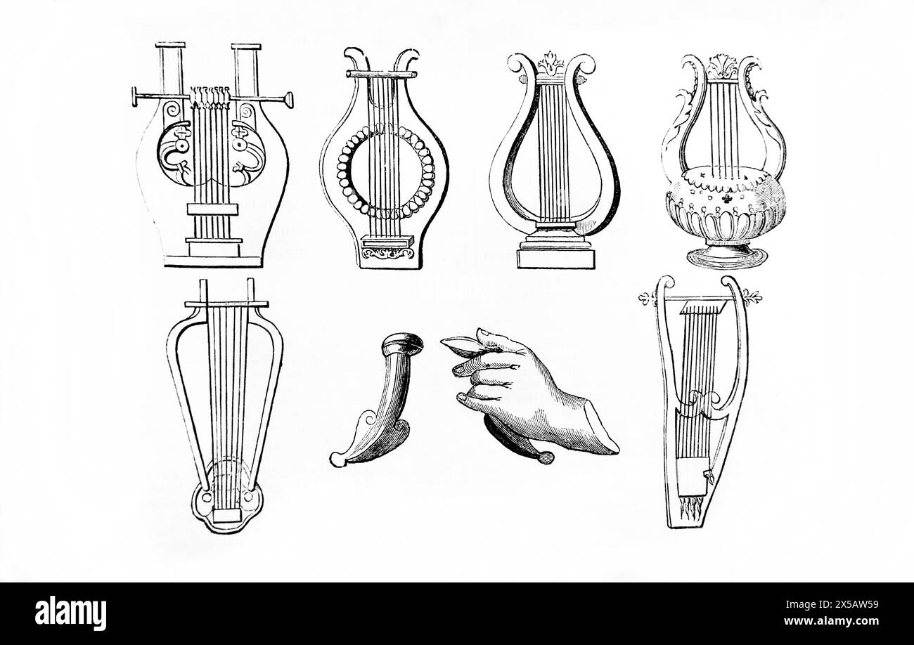 Incisione in legno di strumenti musicali: Lira greca, lira romana, lira di Timoteo, lira da Shekel ebraico di Simon Maccabeus, lire romane e formare un Foto Stock