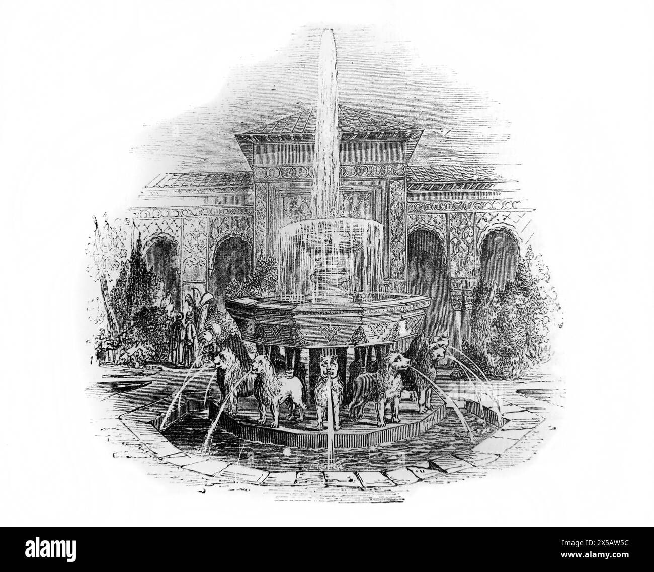 Incisione in legno della Fontana dei Leoni ad Alhambra in Spagna nel XIX secolo nella Bibbia di famiglia illustrata Foto Stock