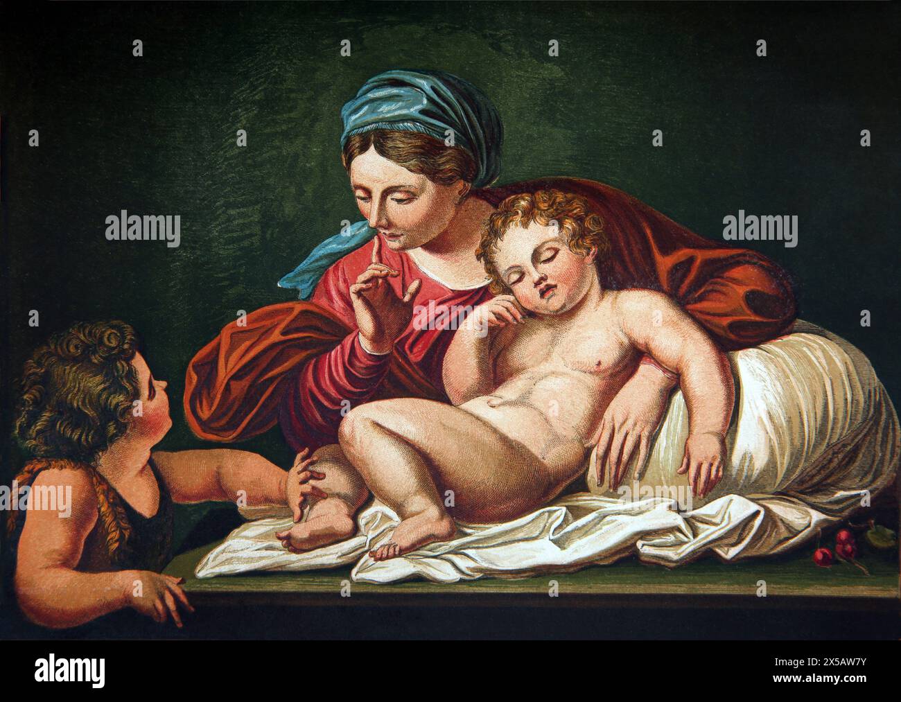 Illustrazione della Vergine Maria, Gesù bambino e San Giovanni giovane (Luca) della Bibbia di famiglia illustrata del XIX secolo Foto Stock