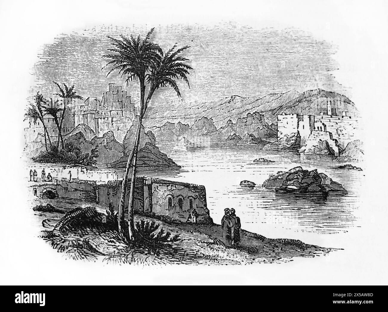 Incisione in legno di Syene (Assouan) ora Assuan sulle rive del fiume Nilo come menzionato nel Libro di Ezechiele nel XIX secolo Illustrated Family Bibl Foto Stock